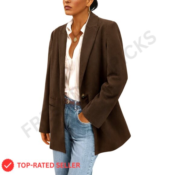 Corduroy Blazer Ribbed Lapel Long Sleeve Work Professional Dressy Casual
